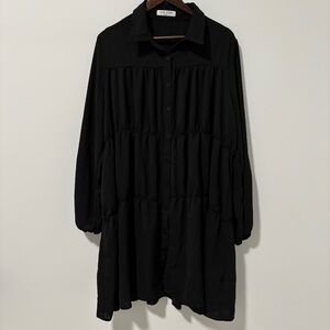Kate Kasin Womens Dress Tired‎ Babydoll Button Up Long Sleeve Collared Black 2X